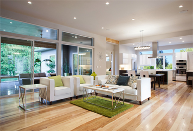 Modern white kitchen and living space