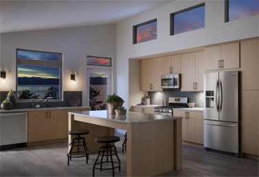 Kitchen with windows and door